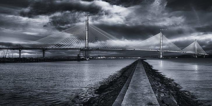 grayscale photography of bridge above body of water, Queensferry Crossing