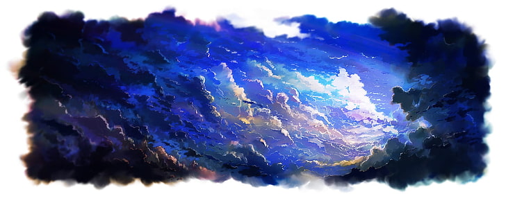 blue cloudy skies, anime, sky, clouds, artwork, purple, studio shot