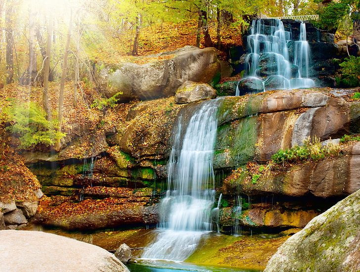 cascade waterfalls wallpaper, the sun, trees, nature, Park, Scenery, HD wallpaper