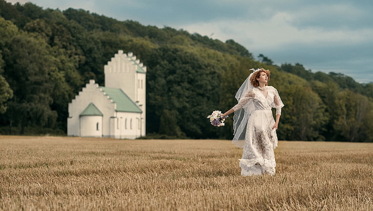 Tonny Jørgensen, women, women outdoors, field, brides, wedding dress, HD wallpaper