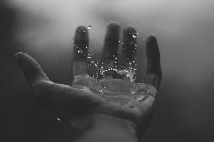 person's left palm, hands, water drops, rain, monochrome, human hand