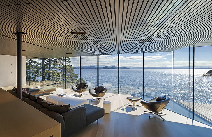 interior design, far view, sea, window, water, table, luxury, HD wallpaper