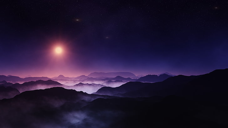 black mountains, nature, landscape, midnight, Sun, starry night, HD wallpaper