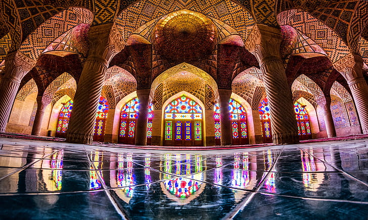 Nasir al-Mulk Mosque, Islamic architecture, colorful, reflection