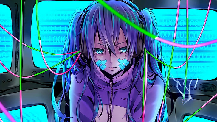 Hatsune Miku illustration, Ene Vocaloid, binary, headphones, purple hair