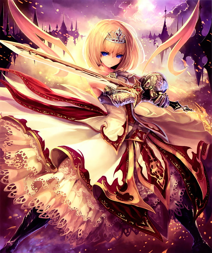 yellow haired female anime character holding sword illustration