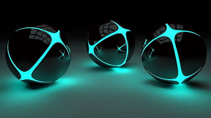three round black-and-green neon lighted devices, 3D, glowing