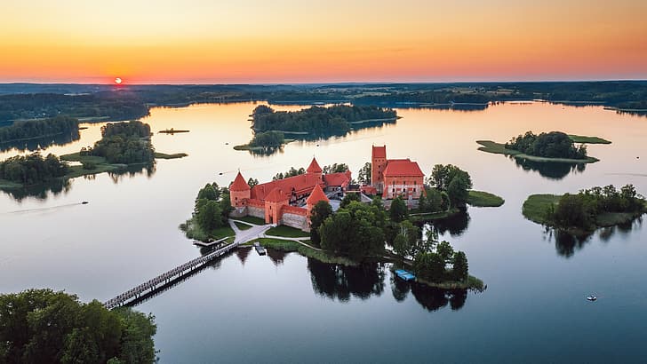 Trakai Island Castle, aerial view, Lithuania, nature, lake, HD wallpaper