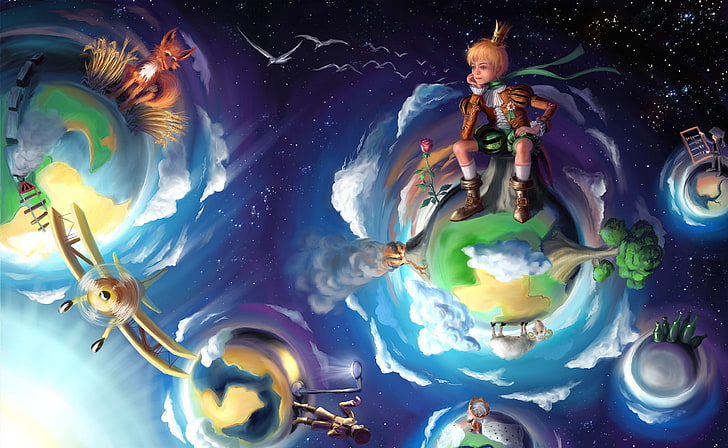 Little Prince Fairy Tale, painting of fox, planets, and tree