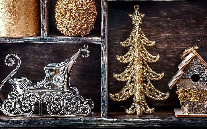 Christmas Tree Sleigh Birdhouse New Year, glittered pine tree miniature, HD wallpaper