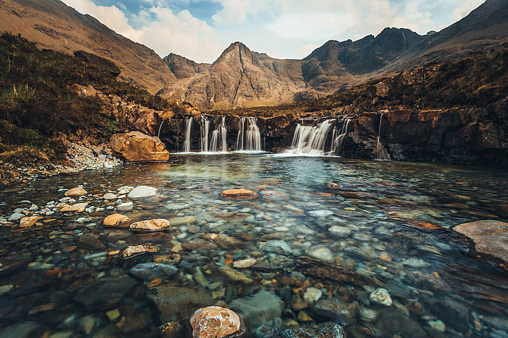 mountain waterfalls, The Fairy Pools, Skye, Scotland, mountains, HD wallpaper