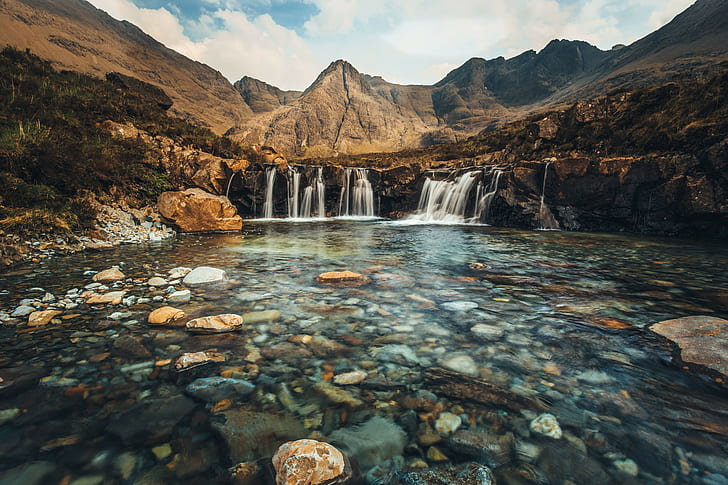 The Fairy Pools, Scotland, long exposure, mountains, waterfall, HD wallpaper