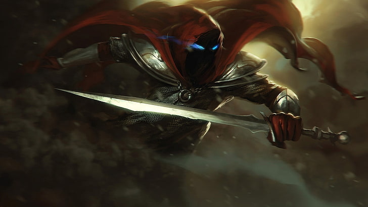 character with red cape holding sword artwokr, armored warrior holding a sword with red hood