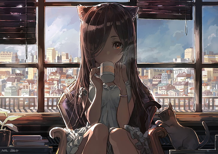 Hd Wallpaper Brown Haired Girl Drinking Coffee Animated Character