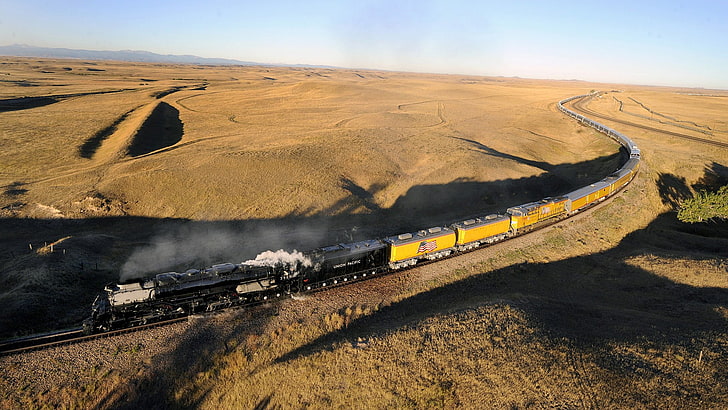 yellow and black train, railway, train station, desert, steam locomotive