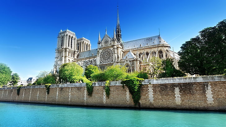Notre-Dame, building, water, Paris, France, architecture, built structure, HD wallpaper