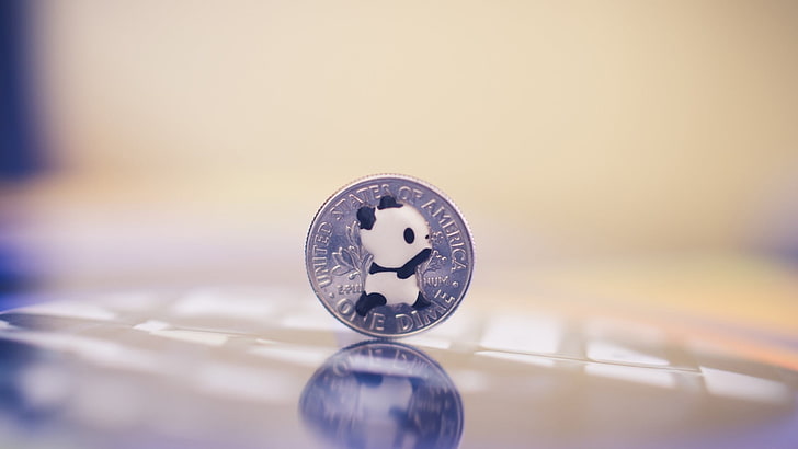 round silver-colored coin, panda, money, coins, metal, reflection, HD wallpaper