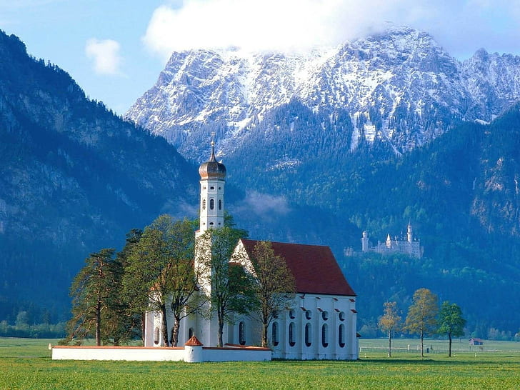 architecture, church, mountains, landscape, Bavaria, Germany