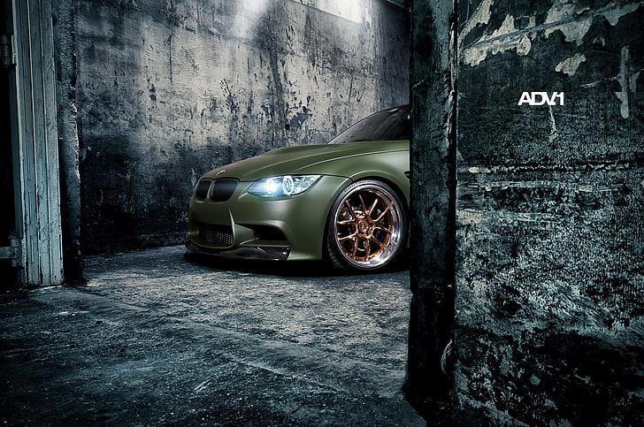 matte green BMW E92 M3 coupe, wall, lights, tuning, the front