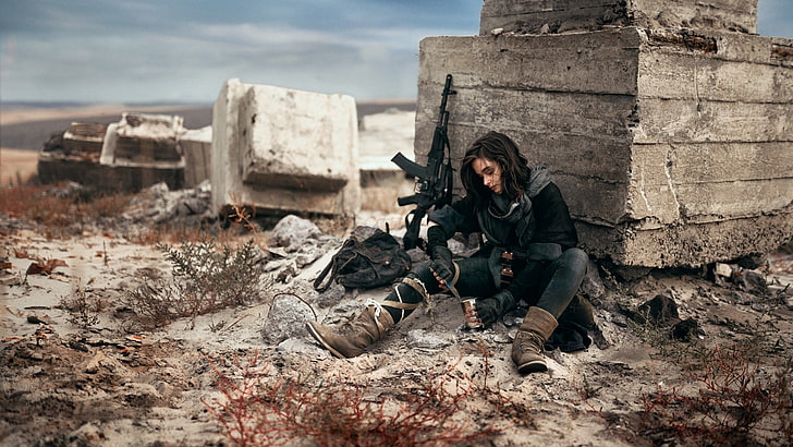 black rifle, photography, desert, black dress, brunette, boots, HD wallpaper