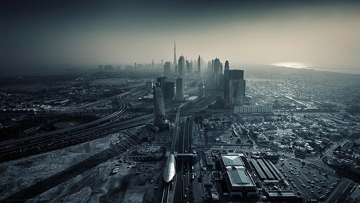 grayscale photo of city buildings, Dubai, United Arab Emirates