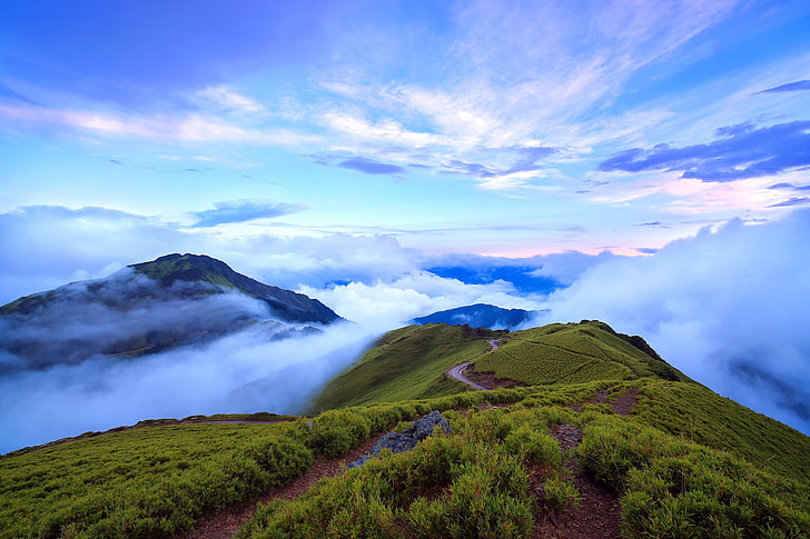 green mountain, taiwan, nantou, mountains, clouds, fog, nature