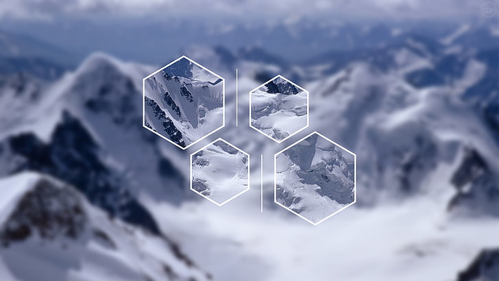snow covered mountains collage, polyscape, hexagon, digital art