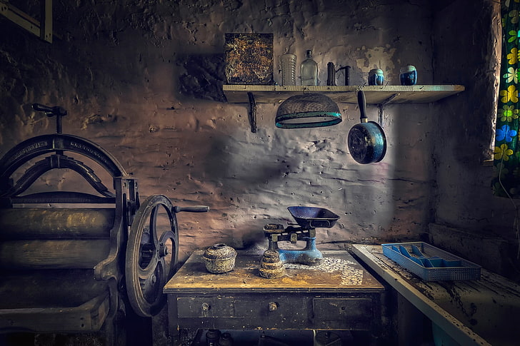 black steel pot, interior, HDR, indoors, old, abandoned, no people