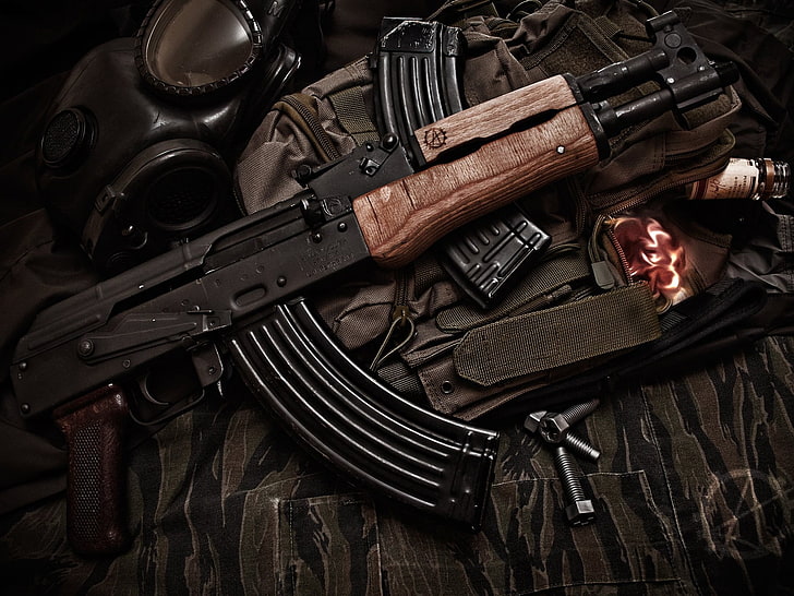 black and brown AK47 wallpaper, gas mask, camouflage, bolts, clip, HD wallpaper