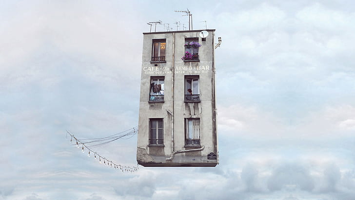 sky, clouds, house, surreal, floating