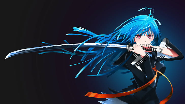 blue hair, anime, sword, long hair, Kisara Tendo, katana, Black Bullet, HD wallpaper