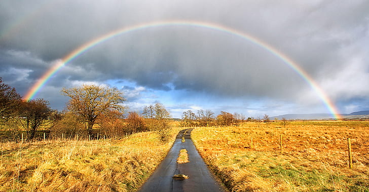 road way on plane field with rainbow during daytime, The Golden Road, HD wallpaper