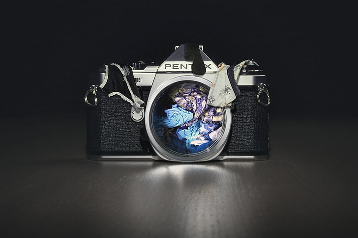 gray Pentax single lens reflex camera, digital art, humor, studio shot, HD wallpaper