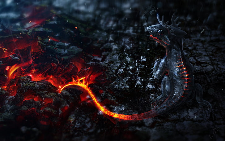 fire dragon digital wallpaper, baby, burning, fantasy art, render