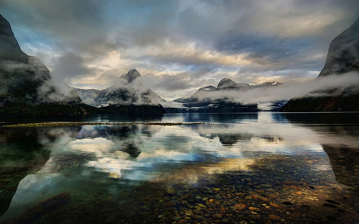 white clouds, nature, landscape, Milford Sound, New Zealand, lake