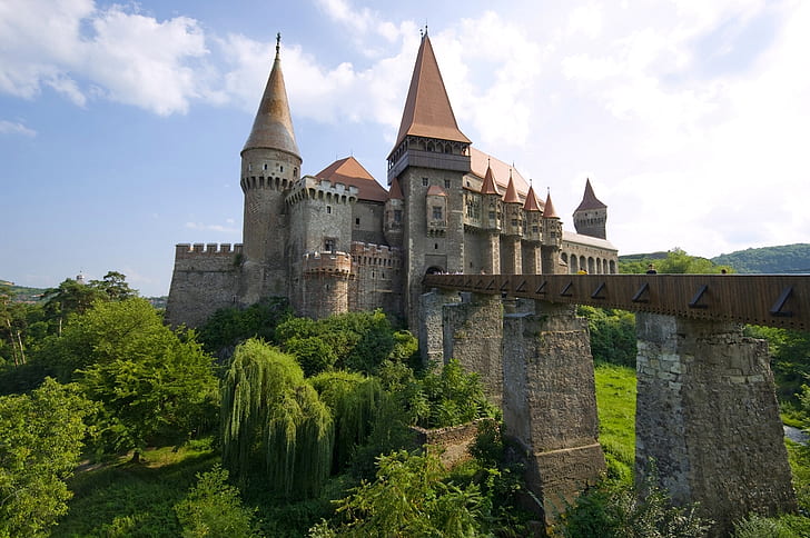 bridge, Romania, Transylvania, Hunedoara, Hunyad Castle, Corvin Castle, HD wallpaper