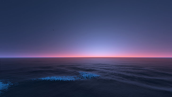 body of water, sky, stars, sunset, sea, digital art, nature, blue, HD wallpaper