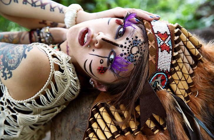 Women, Native American, Brown Eyes, Face, Girl, Headdress, Lipstick