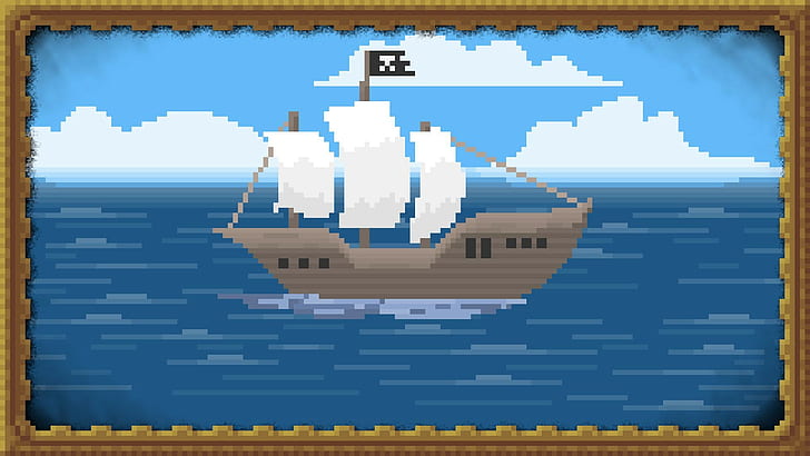 ship, sea, pixels, pixel art, clouds, sailing ship, pirates, HD wallpaper