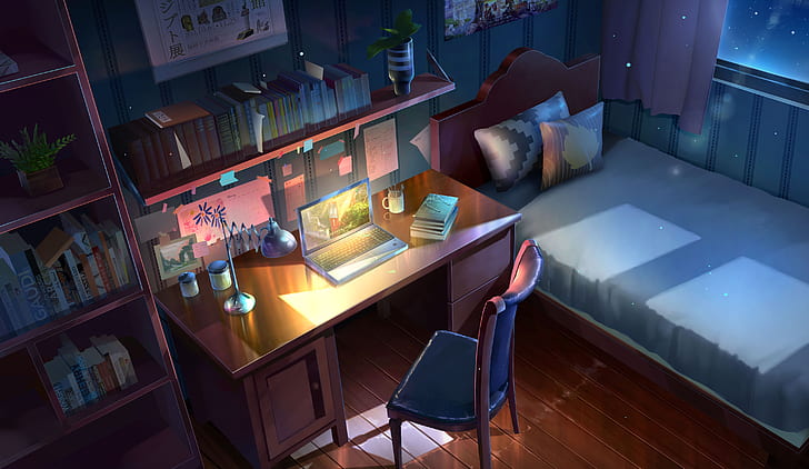 HD wallpaper: Anime, Original, Bed, Chair, Computer, Night, Room | Wallpaper  Flare