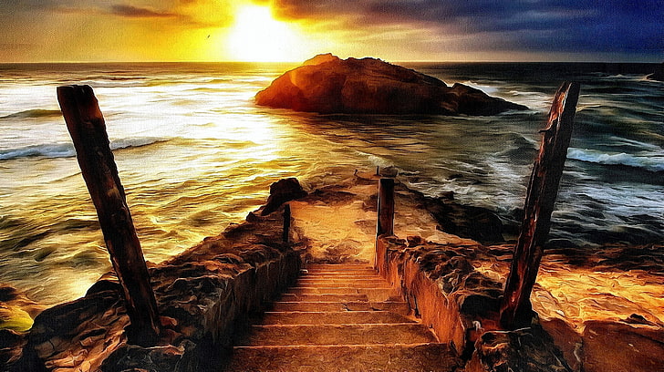 artwork, nature, sea, sunset, sunlight, rock, coast, steps, HD wallpaper
