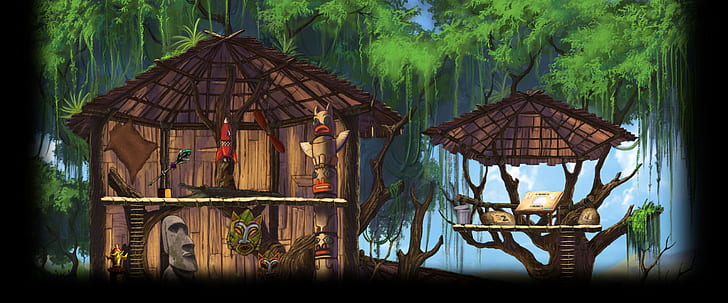 A Boy and His Blob, treehouses, trashcan, forest, rocket, Tiki, HD wallpaper