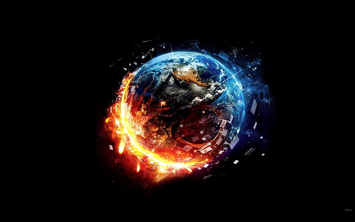 red and blue fire surrounding Earth digital wallpaper, space art, HD wallpaper