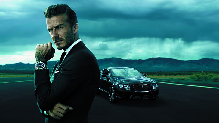 man wearing black suit jacket with black car background, David Beckham