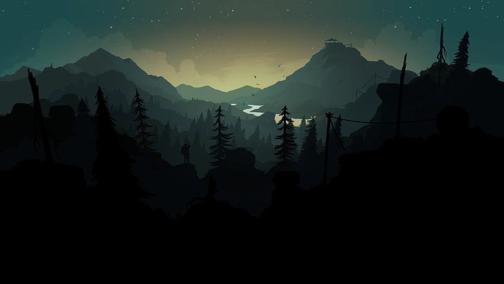 Mountains, Night, Stars, The game, River, People, Forest, Silhouette, HD wallpaper