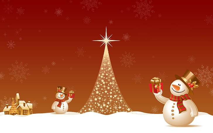 New Year, Christmas tree, snowman, lights, HD wallpaper