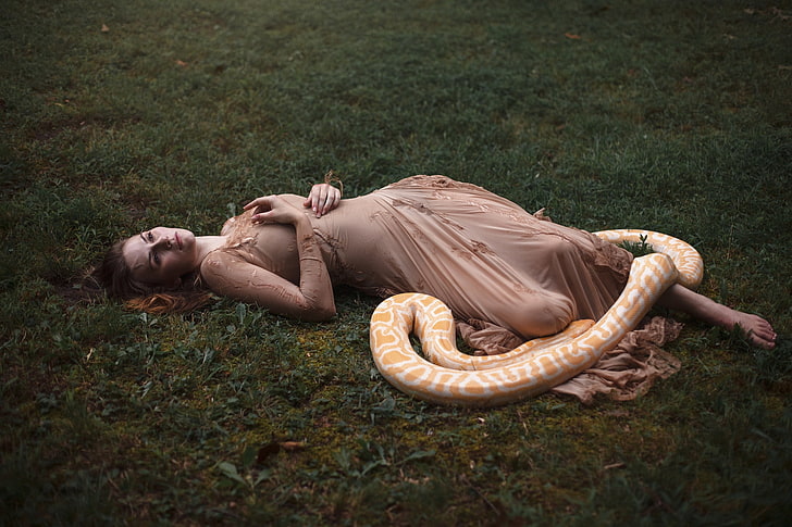 snake, reptiles, women, model, women outdoors, fantasy girl, HD wallpaper