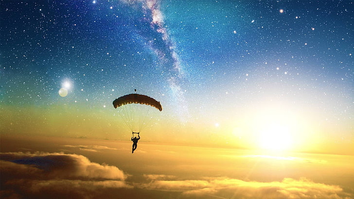 gray parachute, digital art, skydiving, Sun, stars, clouds, Liquicity