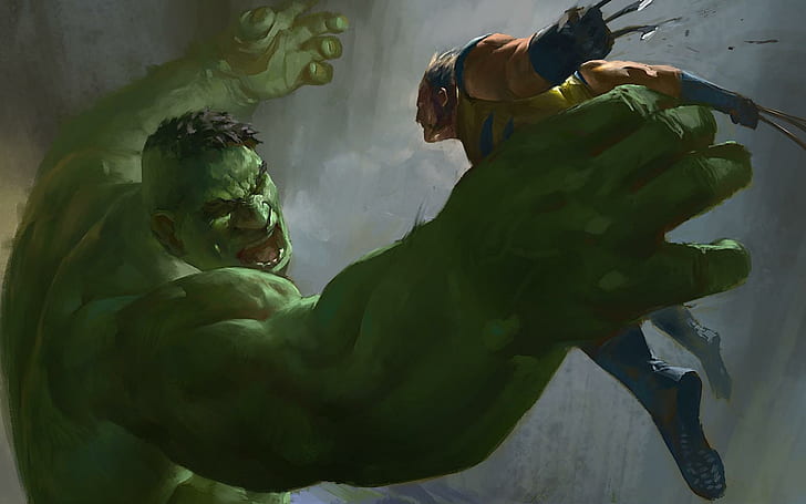 hulk, wolverine, x-men, marvel comics, art, the incredible hulk and wolverine illustration, HD wallpaper