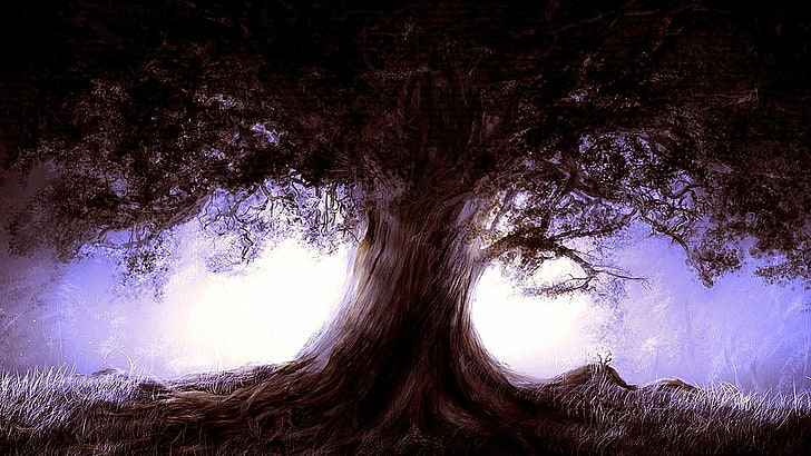 lonely tree, dreamland, illustration, purple, mystic, plant, HD wallpaper